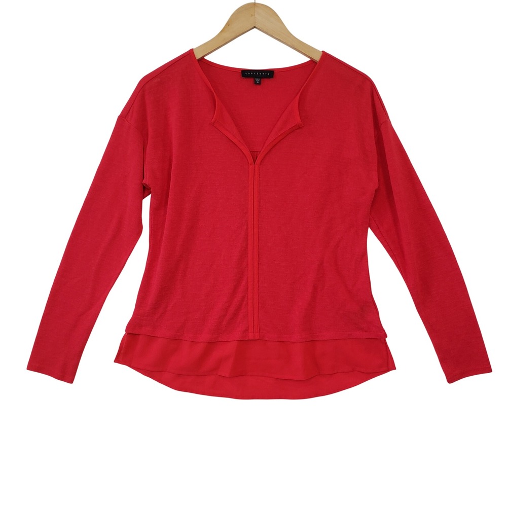 Sanctuary Knit Top Womens Medium Red Mixed Media Layered Hem Split V Neck Chic‎